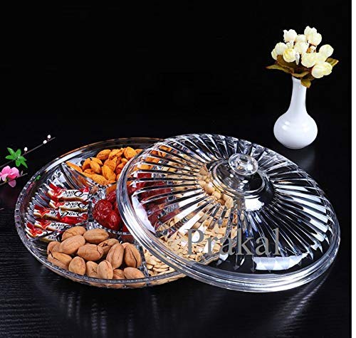 Creative Acrylic Multifunctional Party Snack Tray with Lid,Serving Dishes  for Dried Fruits Nuts Candies Fruits,6-Compartment (Round)