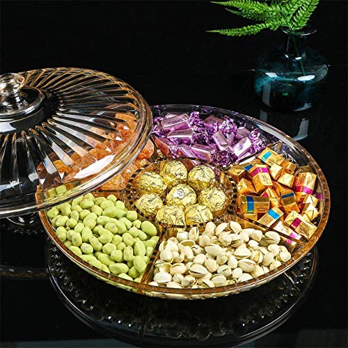 Creative Acrylic Multifunctional Party Snack Tray with Lid,Serving Dishes  for Dried Fruits Nuts Candies Fruits,6-Compartment (Round)