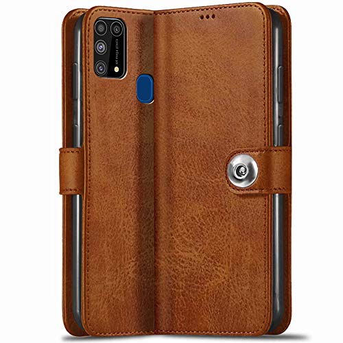 TheGiftKart Genuine Leather Finish Button Flip Cover Back Case with Inbuilt  Stand & Inside Pockets for Samsung Galaxy M31 Prime / F41 / M31 (Camel Brown)  –