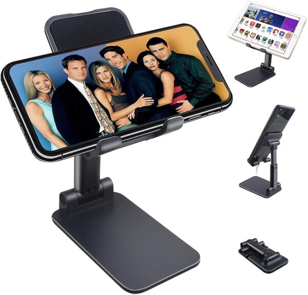 Foldable Mobile Stand Holder - [2021 Updated] Angle & Height Adjustable Desk Cell Phone Holder Anti-Slip Compatible with Smartphones/ i Pad Mini/Game/Kindle/Tablet(4-10") (Black)