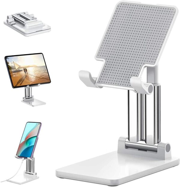 Desktop Mobile Phone Stand, Mobile Holder , Adjustable & Foldable Mobile Stand,Aluminium Stand Holder for Mobile Phone and Tablets (Up to 9) Inches - White