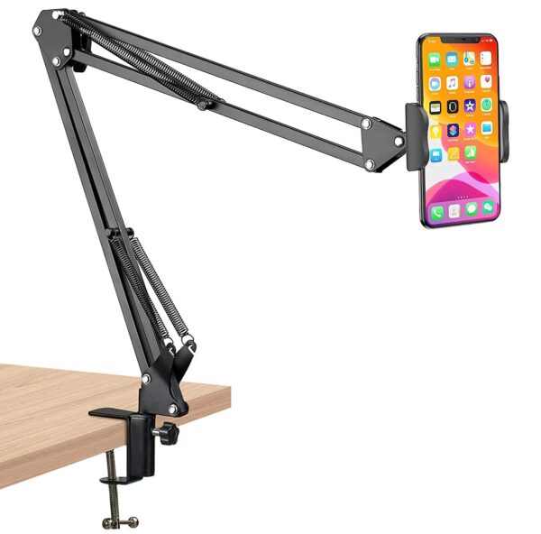 Overhead Video Stand Phone Holder Articulating Arm Phone Mount Table Top Scissor Boom Arm Articulating Phone Stand Tablet Phone Holder for Streaming Phone Baking Crafting Videos and More