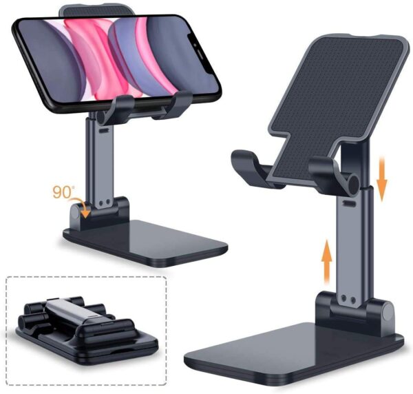 Adjustable and Foldable Desktop Phone Holder Stand for Phones Compatible with All Mobile Phone/iPad/Tablets for Desk, Bed, Table, Office, Video Recording, Home & Online Classes - (Black)