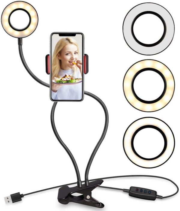 Mobile Phone Stand With LED Light Multi-Angle Adjustable Desk Mount Holder 360 Rotate for Online Classes Live Streaming Shoot Video , Universal Desk Stand Compatible with All Smartphone