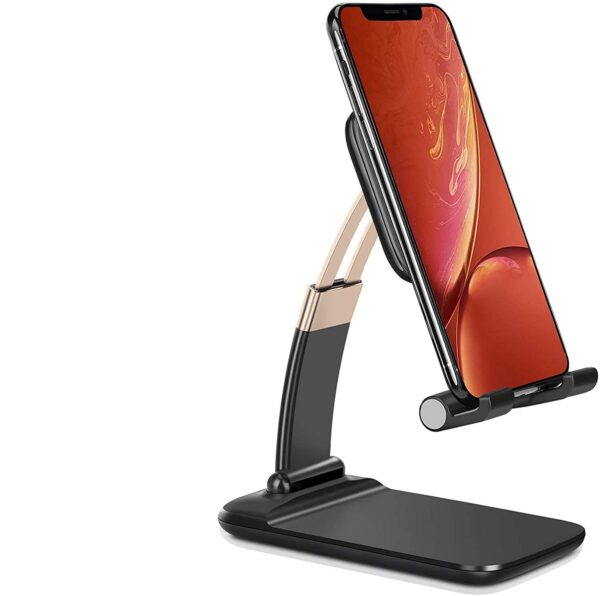 Phone Holder for Table, Foldable Universal Mobile Stand for Desk with Adjustable Height & Angle (Black)