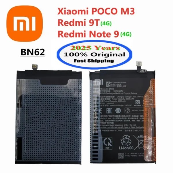 2025 Years 6000mAh Original Battery BN62 For Xiaomi Redmi 9T / POCO M3 / Redmi Note 9 4G Version Phone Batteries Fast Shipping